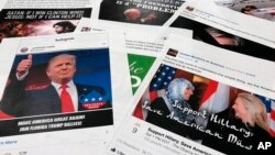FILE - Some of the Facebook and Instagram ads linked to a Russian effort to disrupt the American political process and stir up tensions around divisive social issues, released by members of the U.S. House Intelligence committee, are photographed in Washin