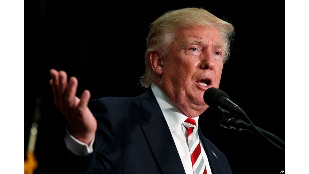 Republican presidential nominee Donald Trump speaks during a campaign rally at Windham High School, in Windham, New Hampshire, Aug. 6, 2016.