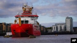 The RSS Sir David Attenborough is moored at Greenwich, in London, Oct. 28, 2021. The U.K.'s new polar research ship is making its London debut in support of the U.K. presidency of COP26 ahead of its first mission to Antarctica.