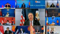 This image taken from video provided by VTV shows U.S. Secretary of State Mike Pompeo speaking during an online meeting with ASEAN foreign ministers, Sept. 10, 2020.