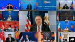 This image taken from video provided by VTV shows U.S. Secretary of State Mike Pompeo speaking during an online meeting with ASEAN foreign ministers, Sept. 10, 2020.
