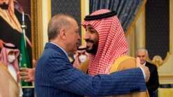 On April 28, 2022, Turkish President Tayyip Erdogan (L) embraces Saudi Crown Prince Mohammed bin Salman during a meeting in Saudi Arabia's Red Sea coastal city of Jeddah. (Saudi Press Office/AFP)