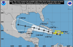 Mapa del Centro Nacional de Huracanes de EE. UU. muestra la trayectoria de la depresión tropical Grace en el Mar Caribe el lunes 16 de agosto de 2021 a las 5:00 de la mañana, hora del Este de EE. UU.