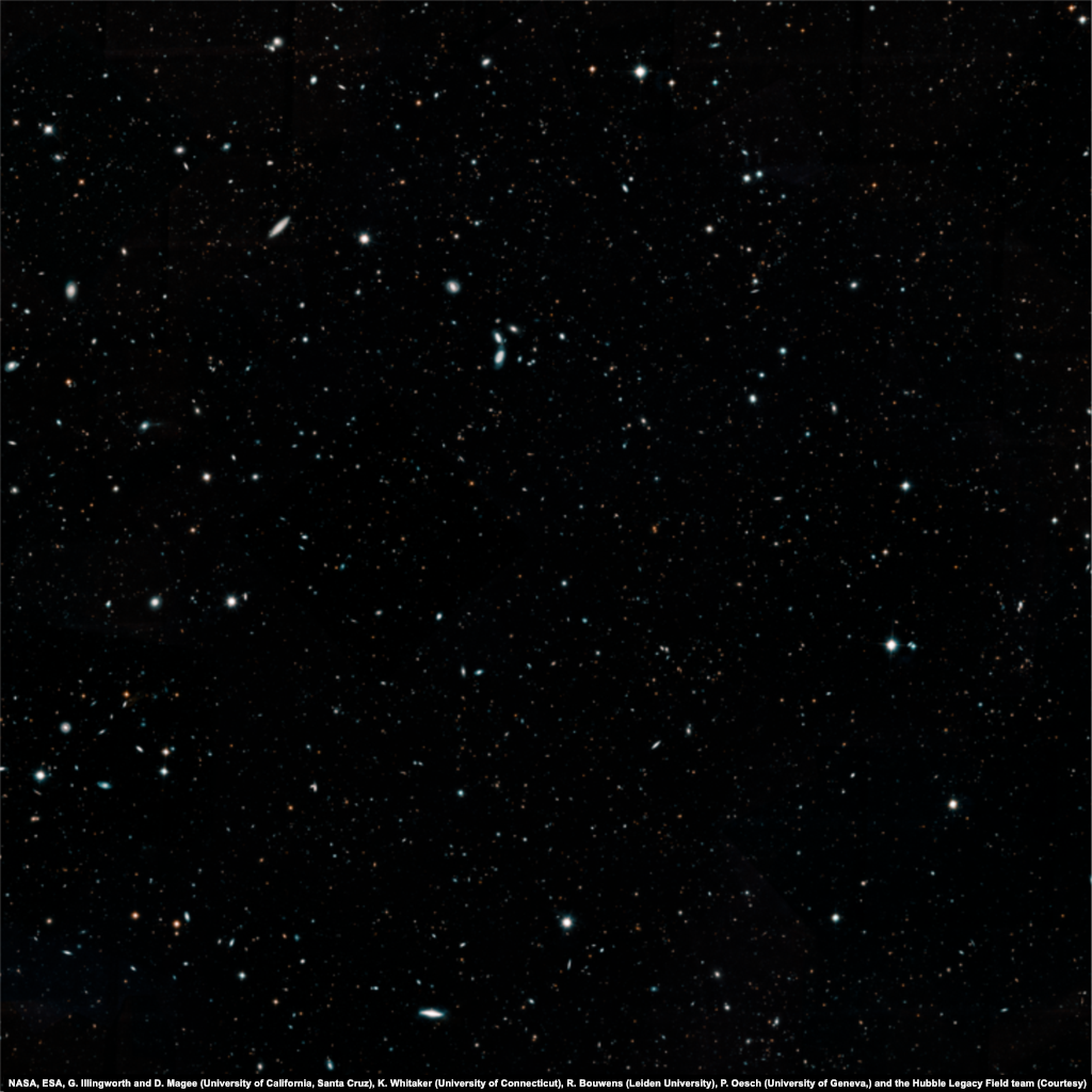 Hubble Legacy Field, 2 мая 2019 На данном фото изображен самый масштабный на настоящий момент снимок космического пространства. Hubble Legacy Field представляет собой коллаж из 7500 снимков, сделанных космическим телескопом &laquo;Хаббл&raquo; на протяжении 16 лет. Оригинал изображения, который можно найти на сайте НАСА, опубликован в разрешении 25500х25500, а его вес составляет 1,19 Гб. На снимке изображены 265 тысяч галактик, запечатленные в период от 500 млн лет после Большого взрыва до 13,3 млрд лет после него. Это не первый обзорный снимок большого участка космического пространства, однако, на данный момент, он наиболее детальный. 📸: NASA, ESA, G. Illingworth and D. Magee (University of California, Santa Cruz), K. Whitaker (University of Connecticut), R. Bouwens (Leiden University), P. Oesch (University of Geneva,) and the Hubble Legacy Field team