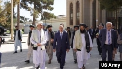 Uzbekistan's then-Foreign Minister Abdulaziz Kamilov and Ismatulla Irgashev, the Uzbek president's special representative on Afghanistan, meet the Taliban leadership in Kabul, Oct. 7, 2021 (mfa.uz)