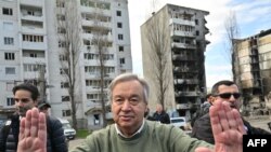 UN Secretary-General Antonio Guterres gestures as he visits Borodianka, outside Kyiv, on April 28, 2022. 