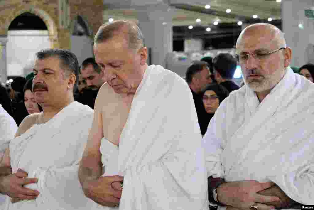 Turkish President Recep Tayyip Erdogan performs morning prayers in the grand mosque in the holy city of Mecca, Saudi Arabia.