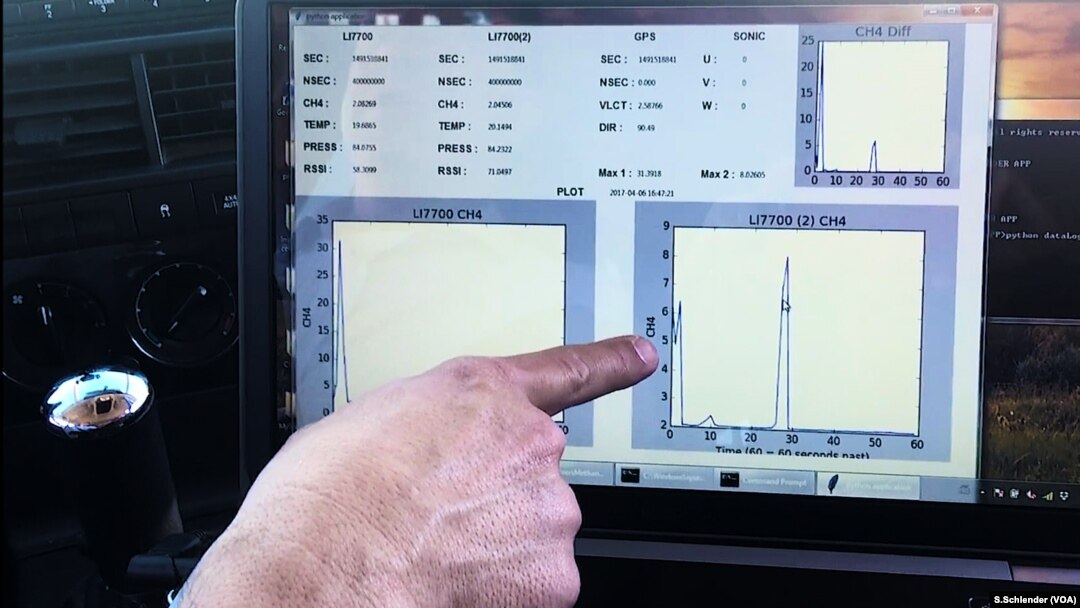 A read-out of methane plumes is displayed on the computer in a specially-equipped SUV.