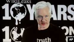 阿桑奇在维基揭密成立10周年之际通过视频在德国柏林的一个记者会上露面。（2016年10月4日）