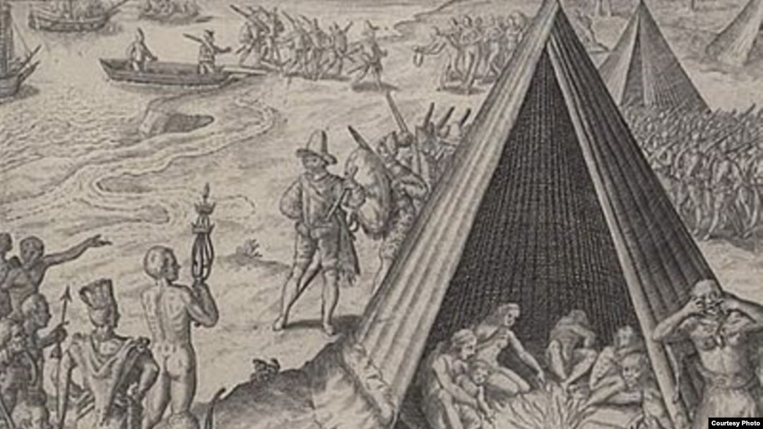 This engraving, published in 1590, depicts Sir Francis Drake’s interaction with American Indians on the U.S. West Coast 11 years earlier. (Library of Congress)