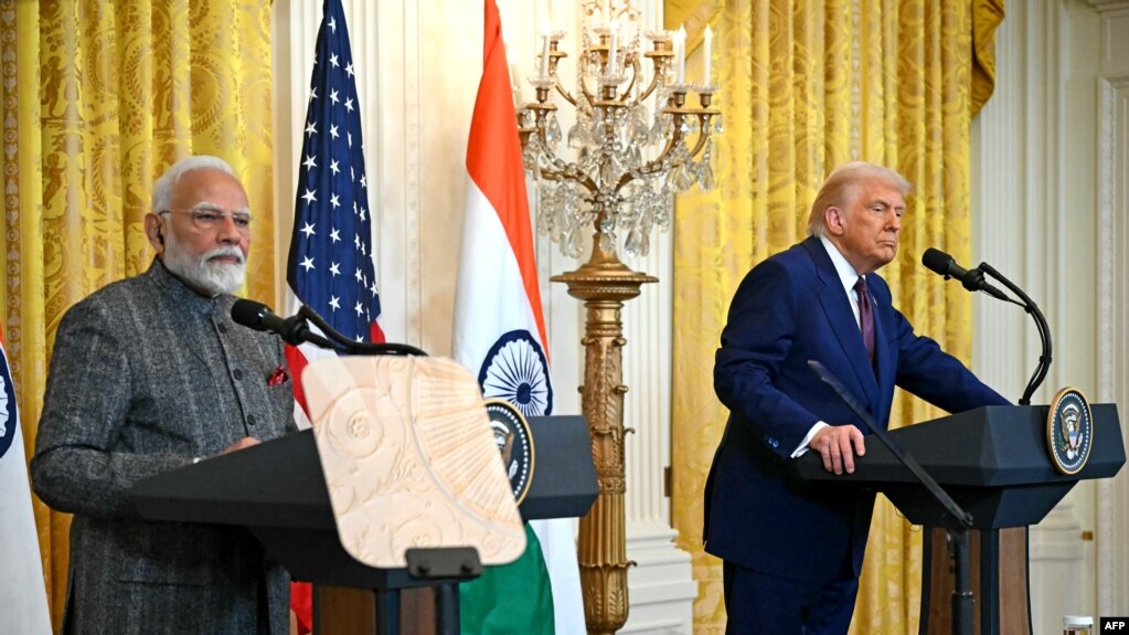 Thủ tướng Ấn Độ Narendra Modi và Tổng thống Hoa Kỳ Donald Trump, phát biểu tại Nhà Trắng, ngày 13/2/2025. 