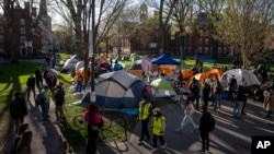 FILE - Students protesting the war in Gaza, and passersby walking through Harvard Yard, are seen at an encampment at Harvard University in Cambridge, Massachusetts, on April 25, 2024.