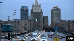 Traffic jam is pictured in front of Russian Foreign Ministry headquarters in Moscow, Russia, April 25, 2022.