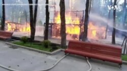 Ukrainian Firefighters Battle Blaze in Kharkiv