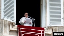 Pope Francis speaks during Regina Caeli prayer, in Saint Peter's Square at the Vatican, May 1, 2022. (Vatican Media/­Handout via Reuters)