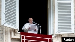 Pope Francis speaks during Regina Caeli prayer, in Saint Peter's Square at the Vatican, May 1, 2022. (Vatican Media/­Handout via Reuters)