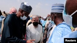 United Nations Secretary General Antonio Guterres is introduced to Borno state officials by Borno State Governor Babagana Zulum on arrival at Maiduguri International Airport Borno, May 3, 2022. 