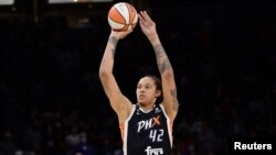 FILE - Phoenix Mercury center Brittney Griner (42) shoots against the Chicago Sky during the first half of game two of the 2021 WNBA Finals at Footprint Center, Oct 13, 2021, in Phoenix, Arizona. Courtesy: Joe Camporeale-USA TODAY Sports/File Photo