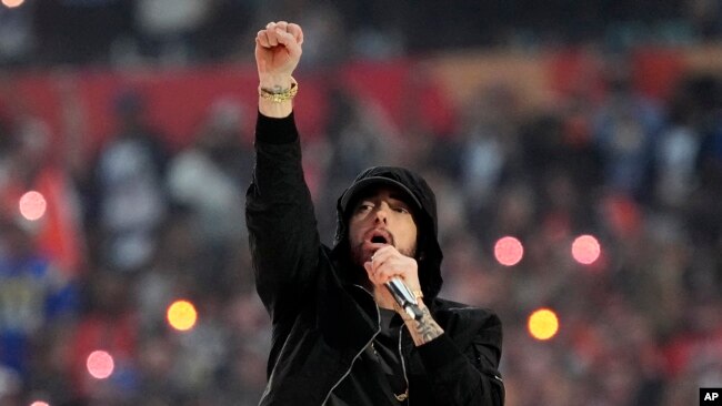 FILE - Eminem performs during halftime of the NFL Super Bowl 56 football game between the Los Angeles Rams and the Cincinnati Bengals, on Feb. 13, 2022, in Inglewood, Calif.