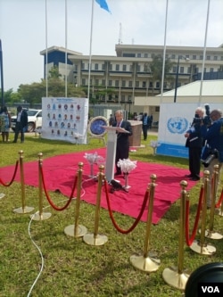 UN Secretary General, Antonio Guterres delivers a speech on Wednesday afternoon during a wreath-laying ceremony to honour victims of the August 26, 2011 UN building bombing, May 4, 2022. (Timothy Obiezu/VOA)