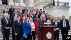 Senate Majority Leader Chuck Schumer, D-N.Y., and other Democrats express their outrage at a news report by Politico that a Supreme Court draft opinion suggests the justices could be poised to overturn the Roe v. Wade case, in Washington, May 3, 2022.