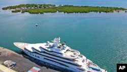 The superyacht Amadea is docked in Lautoka, Fiji, on April 15, 2022. Though a judge in Fiji ruled that U.S. authorities can seize the yacht, the order has been put on hold while defense lawyers mount a challenge.

