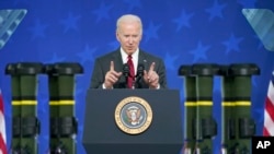 President Joe Biden speaks on security assistance to Ukraine during a visit to the Lockheed Martin Pike County Operations facility where they manufacture Javelin anti-tank missiles, May 3, 2022, in Troy, Ala.