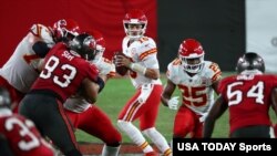 FILE - Kansas City Chiefs quarterback Patrick Mahomes drops back to pass against the Tampa Bay Buccaneers at Raymond James Stadium in a regular season prelude to the teams' match-up at Sunday's Super Bowl, Nov 29, 2020. Kim Klement-USA TODAY Sports.