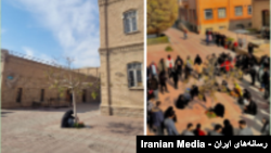 اجرای اعتراضی دانشجویان دانشگاه هنر تبریز برای خدانور لجه‌ای مقابل ساختمان بسیج دانشگاه