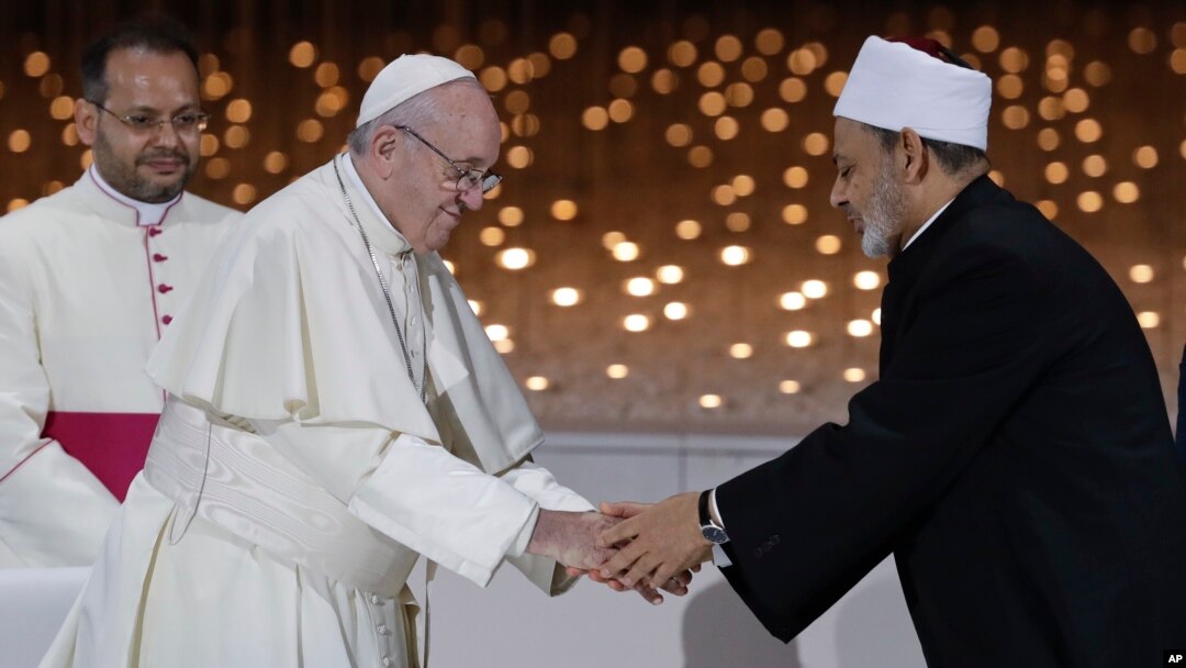 Pope Francis greets Sheikh Ahmed el-Tayeb, the grand imam of Egypt's Al-Azhar, after an Interreligious meeting at the Founder's Memorial in Abu Dhabi, United Arab Emirates, Feb. 4, 2019.