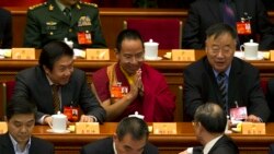 The Chinese government-appointed 11th Panchen Lama, center, a member of the National Committee of the Chinese People's Political Consultative Conference (CPPCC), greets other delegates at the opening session of the CPPCC in Beijing's Great Hall of the People, China, Monday, March 3, 2014. (Ng Han Guan/AP)