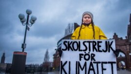 In this file photo, Sweden's Greta Thunberg, 15, holds a sign reading 