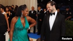 Serena Williams and Alexis Ohanian arrive, May 1, 2017, at the Metropolitan Museum of Art Costume Institute Gala in New York.