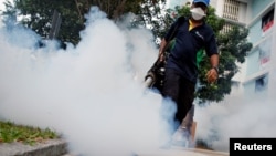 Workers in Singapore spray chemicals to fight mosquitos which can carry Zika.