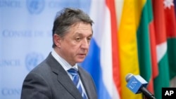 Ukraine's U.N. Ambassador Yuriy Sergeyev addressing media after U.N. Security Council meeting, United Nations headquarters, March 1, 2014.