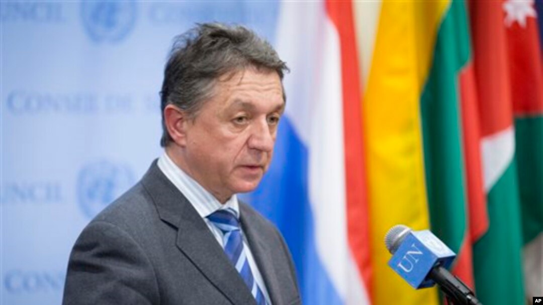 Ukraine's U.N. Ambassador Yuriy Sergeyev addressing media after U.N. Security Council meeting, United Nations headquarters, March 1, 2014.