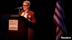 Actress Patricia Arquette speaks during the "People's State of the Union" event one day ahead of President Trump's State of The Union Speech to Congress, in Manhattan, New York, Jan. 29, 2018.