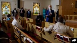 Democratic presidential candidate former Vice President Joe Biden speaks as he meets with members of the community at Grace Lutheran Church in Kenosha, Wis., Thursday, Sept. 3, 2020. (AP Photo/Carolyn Kaster)