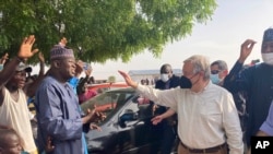 United Nations Secretary-General Antonio Guterres, upon his arrival in Maiduguri, Nigeria,, May 3, 2022. Guterres said the reintegration of extremist rebels who have defected from the jihadi Boko Haram group is "the best thing we can do for peace." 