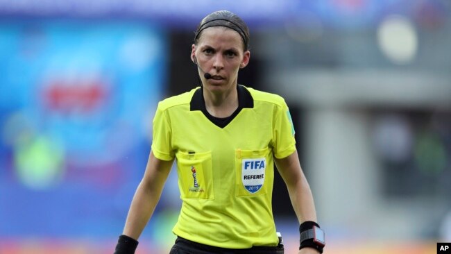 FILE - Referee Stéphanie Frappart of France during the of the Women's World Cup quarterfinal soccer match between Germany and Sweden at Roazhon Park in Rennes, France, June 29, 2019.