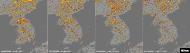 4월과 5월 사이 북한 가뭄지수를 보여주는 미 국립해양대기청(NOAA) 자료. '심각'을 나타내는 검붉은색 점을 북한 곳곳에서 볼 수 있다. 자료=NOAA
