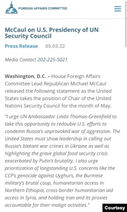 麦克·麦考尔(Michael MaCaul)日前发表声明，呼吁联合国优先考虑包括中共对维吾尔人种族灭绝在内的长期受到美国关注的问题。(国会网络截屏)