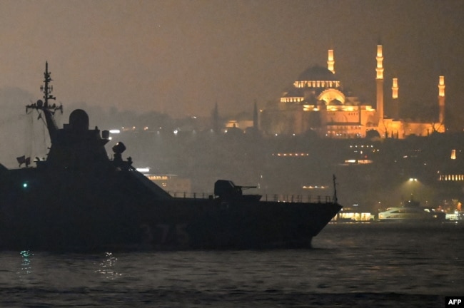 FILE - The Russian Navy's Project 22160 Patrol Vessel Dmitriy Rogachev 375 sails through the Bosphorus Strait on the way to the Black Sea past the city of Istanbul, Feb. 16, 2022.