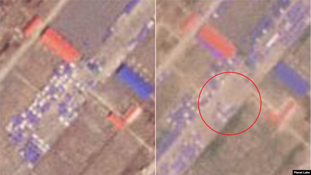 의주 비행장을 촬영한 지난 3월 1일 자 위성사진(왼쪽)과 5월 5일 위성사진 비교. 3월에 도착한 화물이 있던 자리가 비어있는 모습(원 안)이다. 자료=Planet Labs
