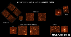 Gambar teknik bintang yang terfokus tajam di bidang pandang masing-masing instrumen menunjukkan bahwa teleskop sepenuhnya sejajar dan fokus. (NASA/STScI)