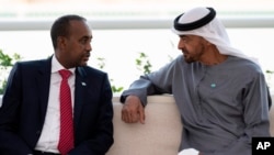 FILE - In this photo released by the state-run WAM news agency, Abu Dhabi's powerful crown prince, Sheikh Mohammed bin Zayed Al Nahyan, right, meets with Somali Prime Minister Mohammed Hussein Roble in Abu Dhabi, United Arab Emirates, Tuesday, Feb. 1, 2022.