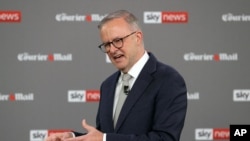 Australian Opposition Leader Anthony Albanese speaks during the first leaders' debate of the 2022 federal election, at the Gabba sports stadium, in Brisbane, April 20, 2022. 