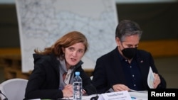 Samantha Power, the administrator of the U.S. Agency for International Development (USAID), speaks at a briefing on humanitarian efforts for Ukraine, flanked by U.S. Secretary of State Antony Blinken, at Rzeszow-Jasionka Airport, in Jasionka, near Rzeszow