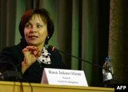 FILE - Rasa Jukneviciene, head of NATO Parliamentary Assembly delegation, attends a press conference in Kyiv, Oct. 27, 2014.