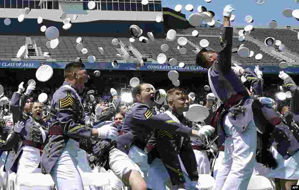 Class of 2022 cadets celebrate their graduation during commencement ceremonies at the US Military Academy West Point, May 21, 2022, in New York.